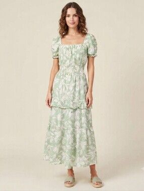 Claris NWT Sage Green Floral Puff-Sleeve Smocked Tiered Maxi Dress- OSFM